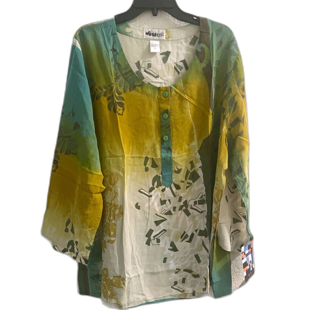NEW We Be Bop Sz 0X Boho Tunic 3/4 Sleeve Blouse Shirt Top Green Floral Print XL